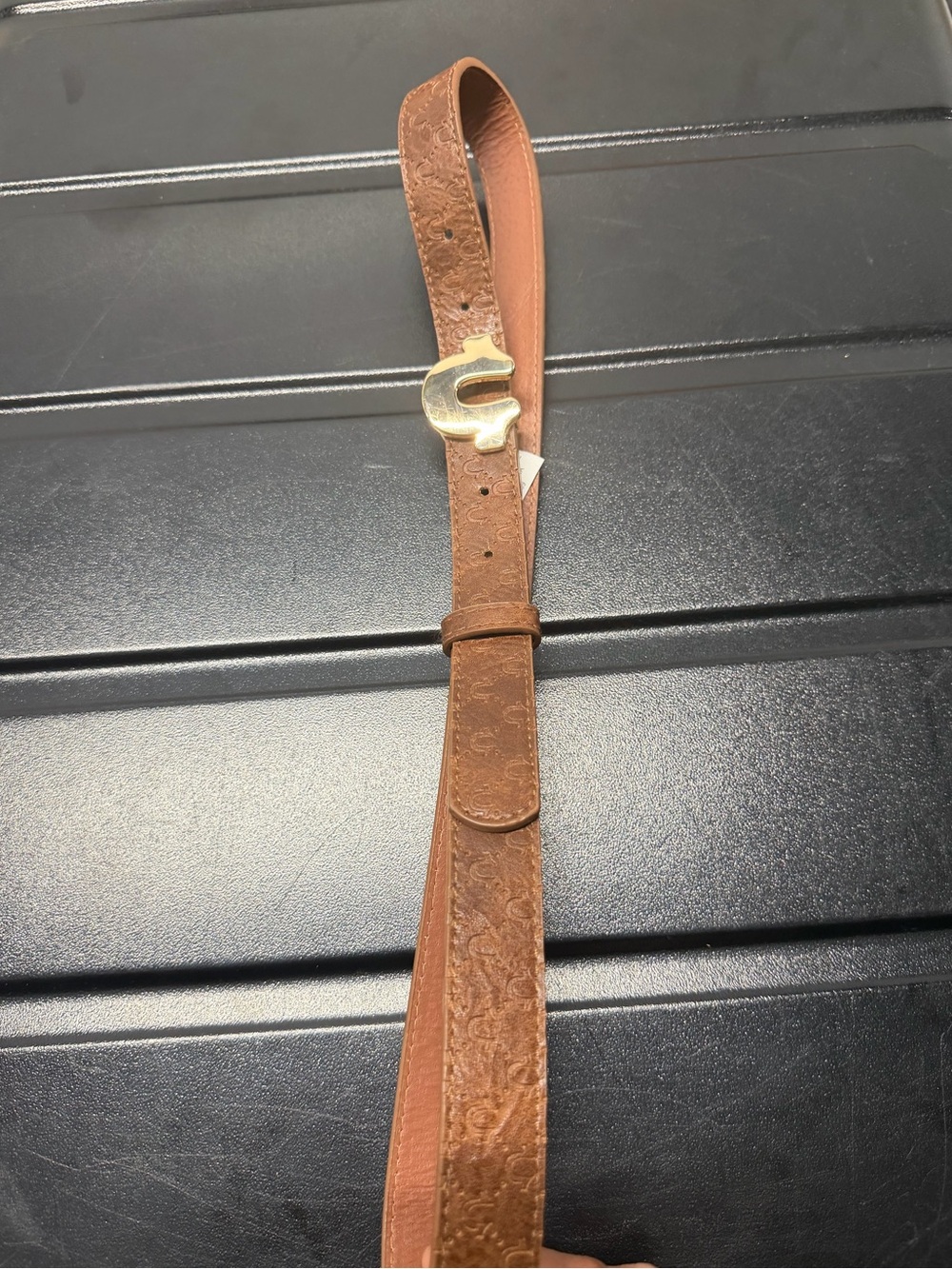 True Religion Brown Embossed Leather Belt with Gold Buckle